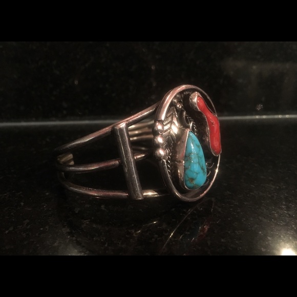 Navajo Sterling Turquoise Real Red  Coral Cuff - Picture 13 of 14
